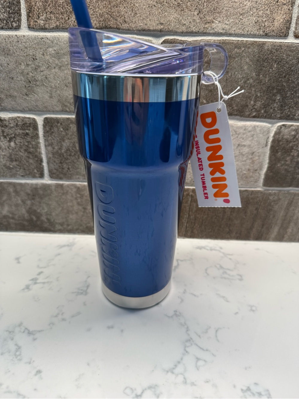 NEW RARE DUNKIN Donuts Blue Foil Metallic 24oz Insulated Tumbler Loop Travel Mug